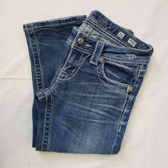 Miss Me Womens Capri Jeans Blue Stretch Embroidered Dark Wash Low Rise Denim 26 - Picture 8 of 12
